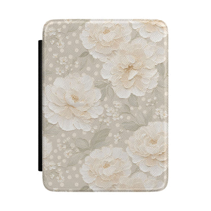 Soft taupe Kindle Paperwhite case with cream peonies front cover — Jardin Secret antique floral gift