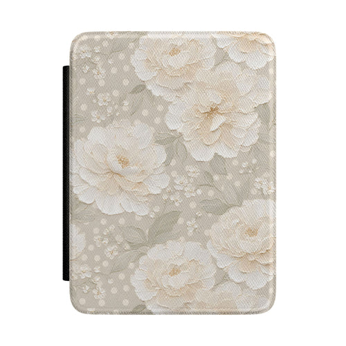Soft taupe Kindle Paperwhite case with cream peonies front cover — Jardin Secret antique floral gift