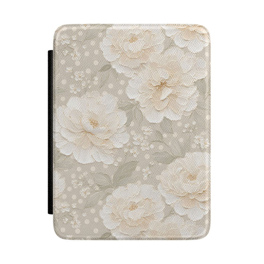 Soft taupe Kindle Paperwhite case with cream peonies front cover — Jardin Secret antique floral gift
