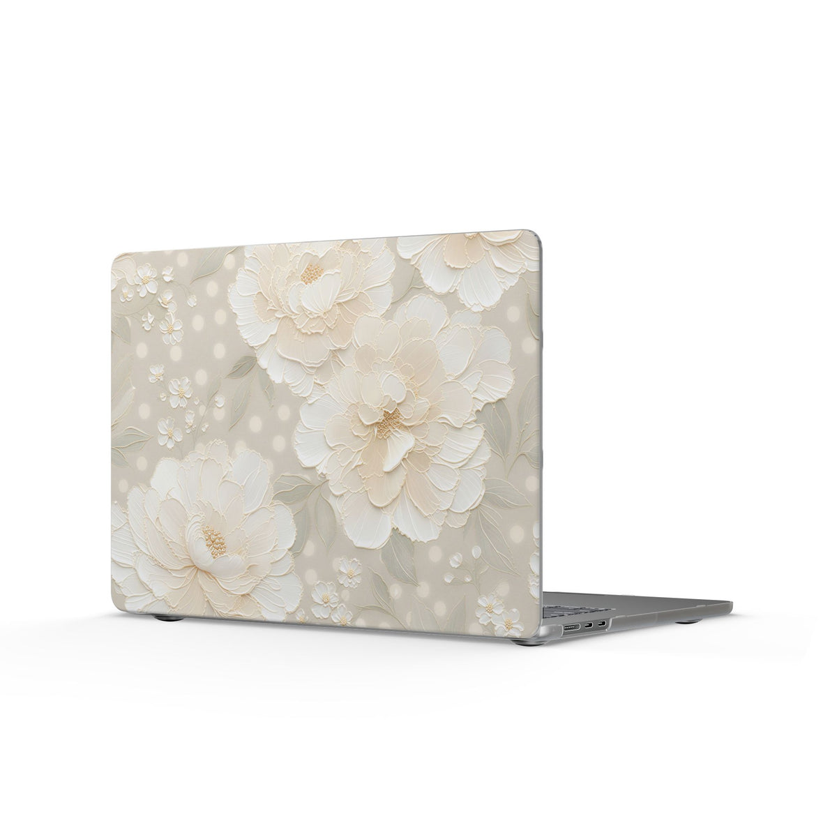 Cream peony MacBook case in ivory florals on warm greige — matte hard case