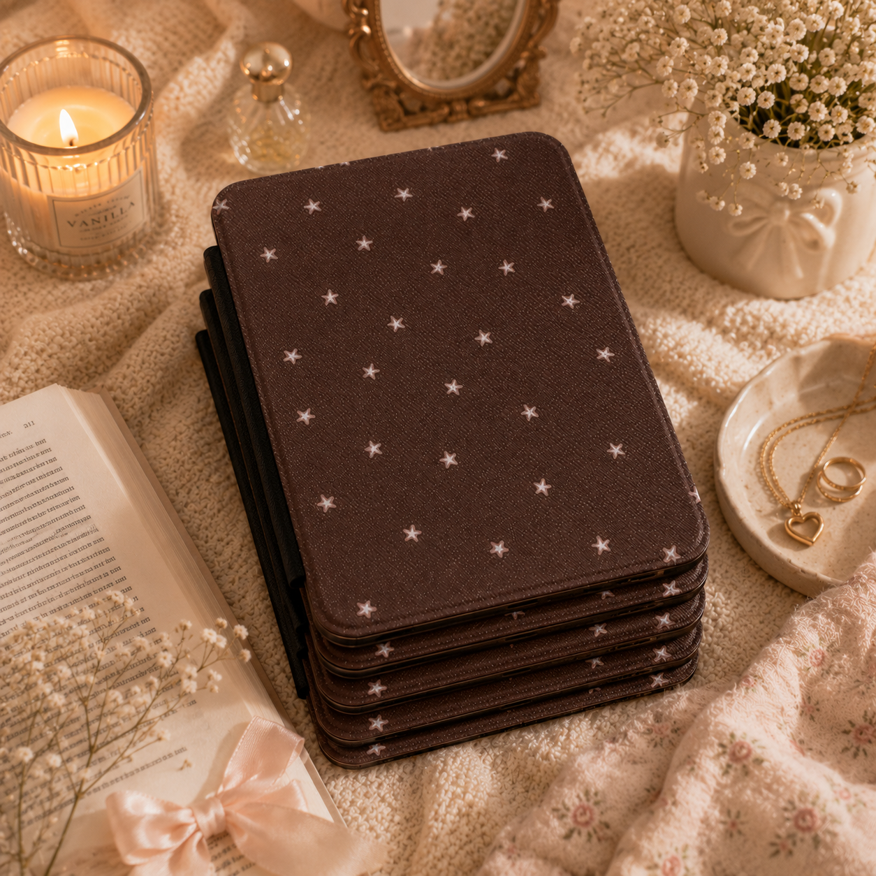 Close-up of Cream Stars Saffiano Kindle case