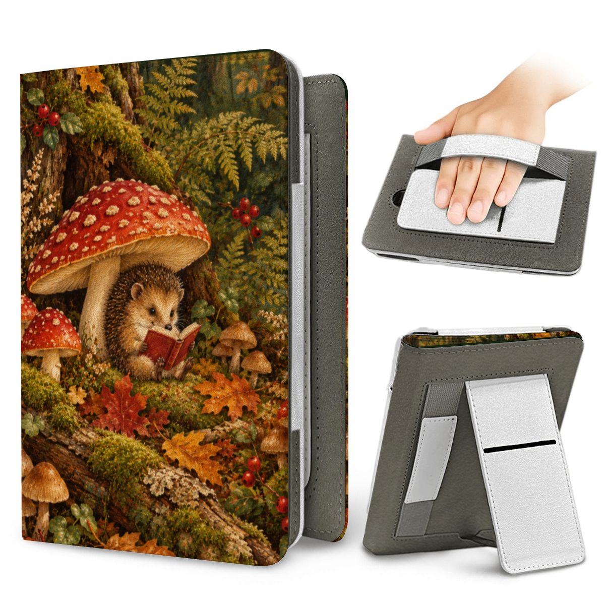 Mushroom Forest Kindle case — elastic hand strap and fold-out stand on the back
