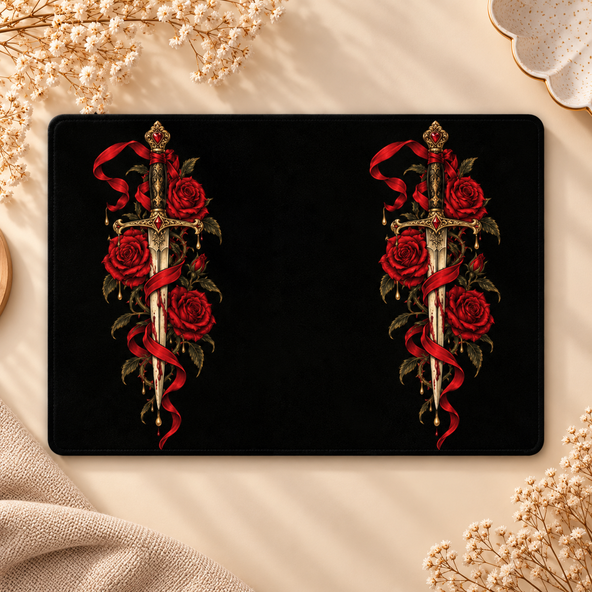 Dagger & Roses Kindle case opened flat, front and back — gilded dagger with red roses and ribbon on black