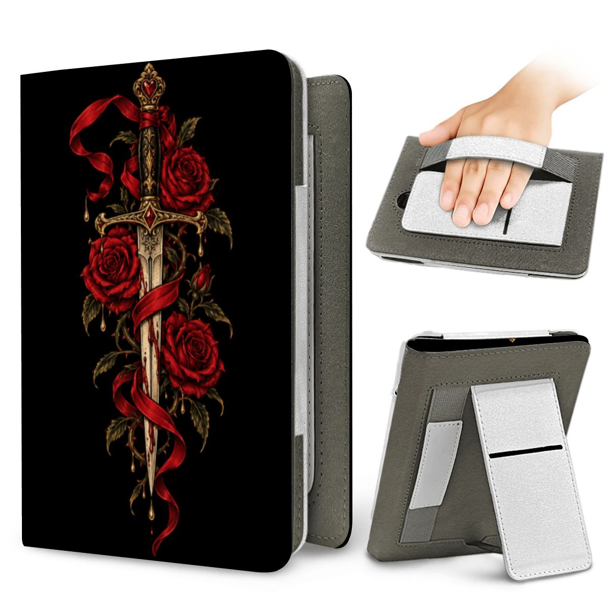 Dagger & Roses Kindle case — elastic hand strap and fold-out stand on the back
