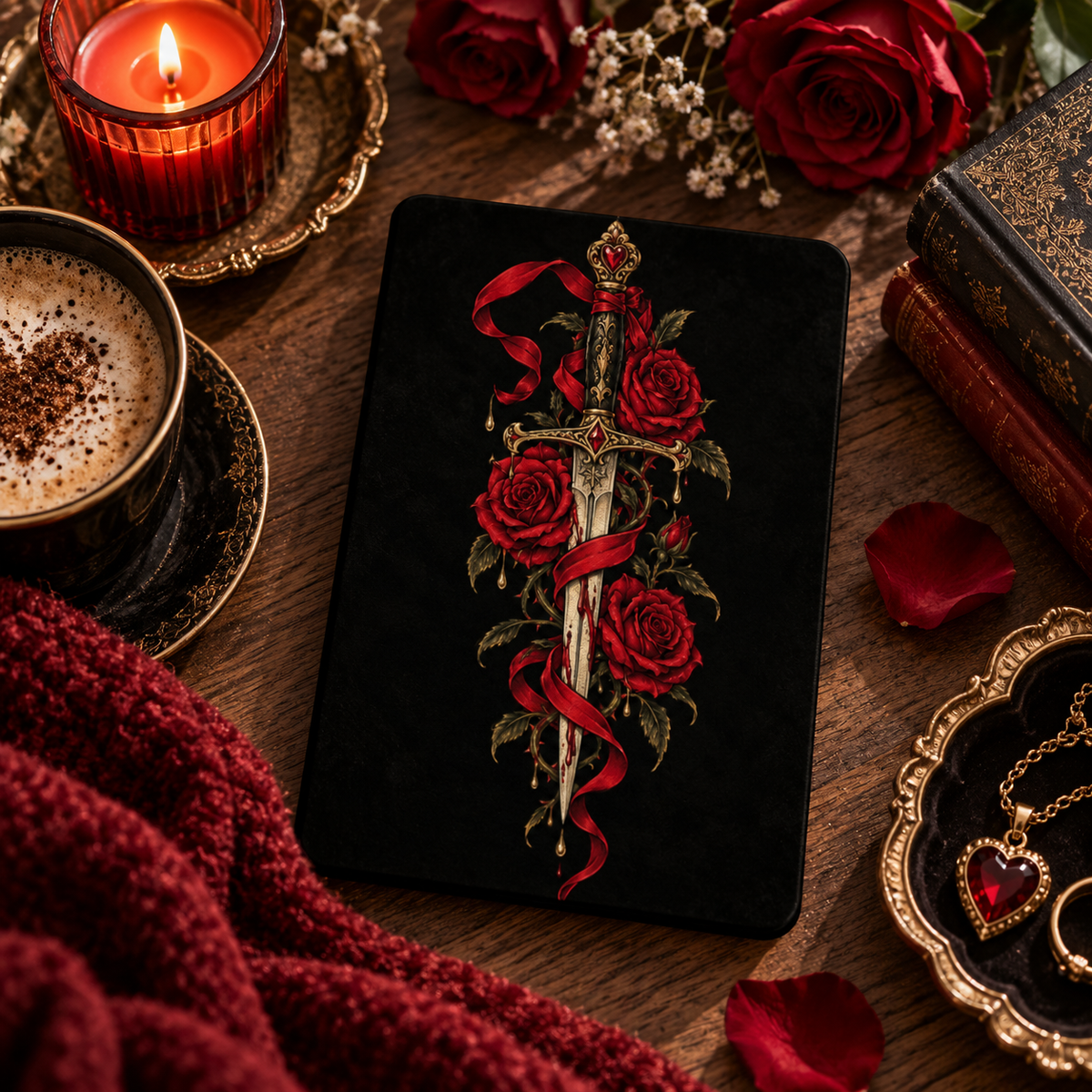 Dagger & Roses Kindle case — gilded dagger and red roses on black, styled with coffee, red roses and a candle