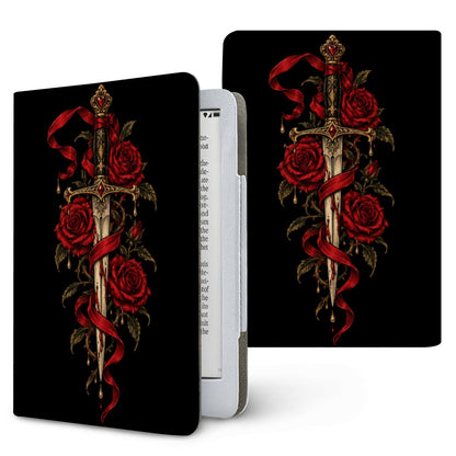 Dagger & Roses Kindle case — gilded dagger wrapped in red ribbon and roses on black, printed front and back