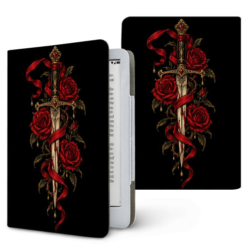 Dagger & Roses Kindle case — gilded dagger wrapped in red ribbon and roses on black, printed front and back