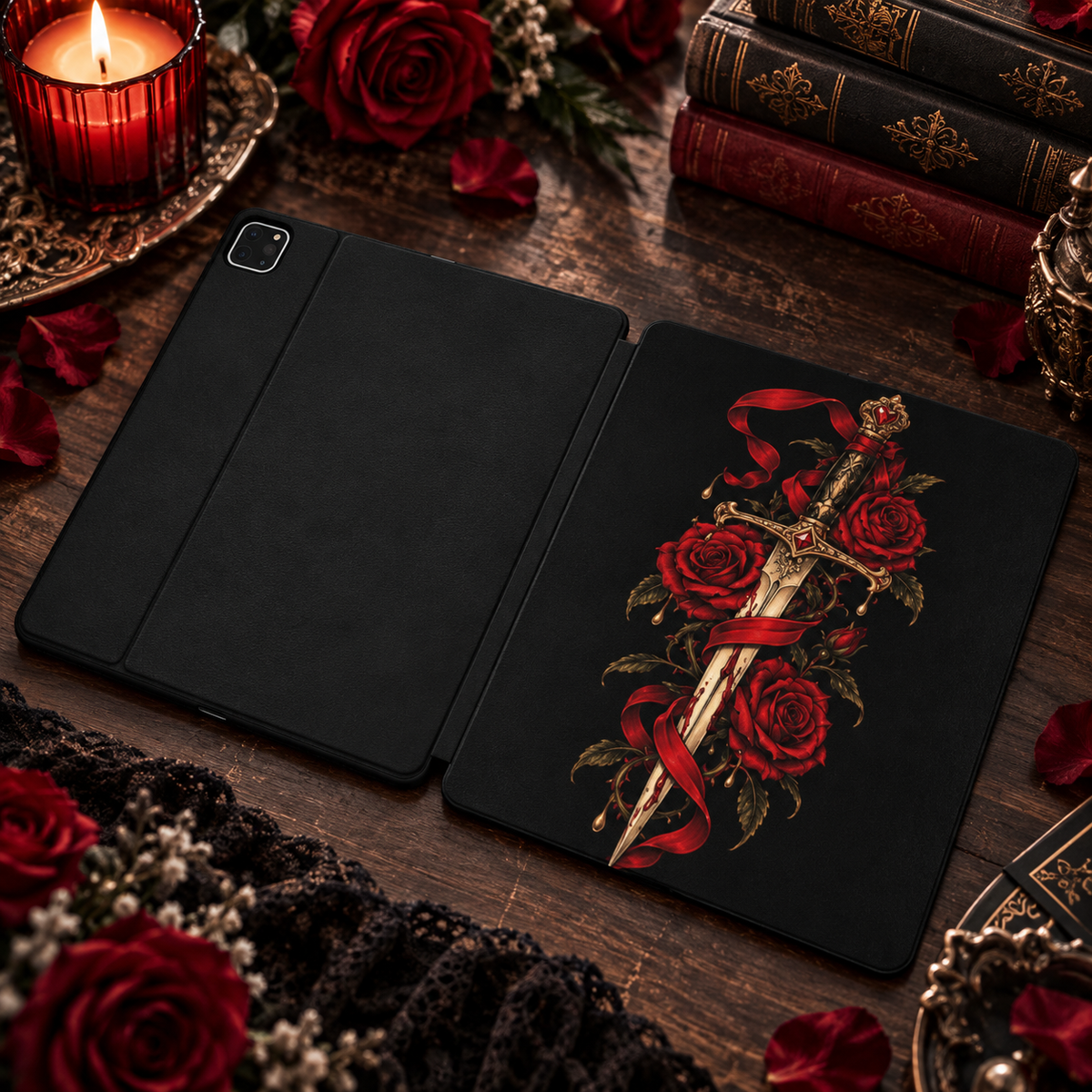 Dagger & Roses iPad case shown front and back — printed front cover, plain black back