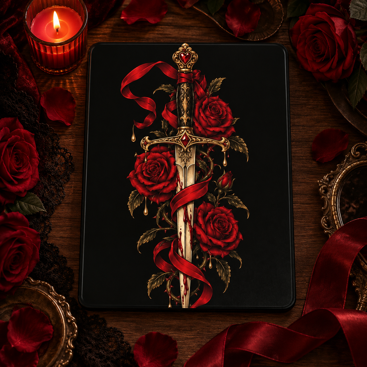 Dagger & Roses iPad case styled with red roses, a candle and velvet ribbon