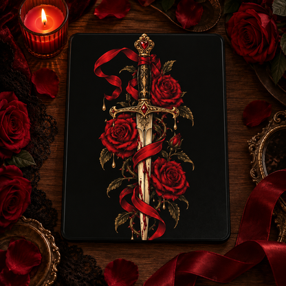Dagger & Roses iPad case styled with red roses, a candle and velvet ribbon