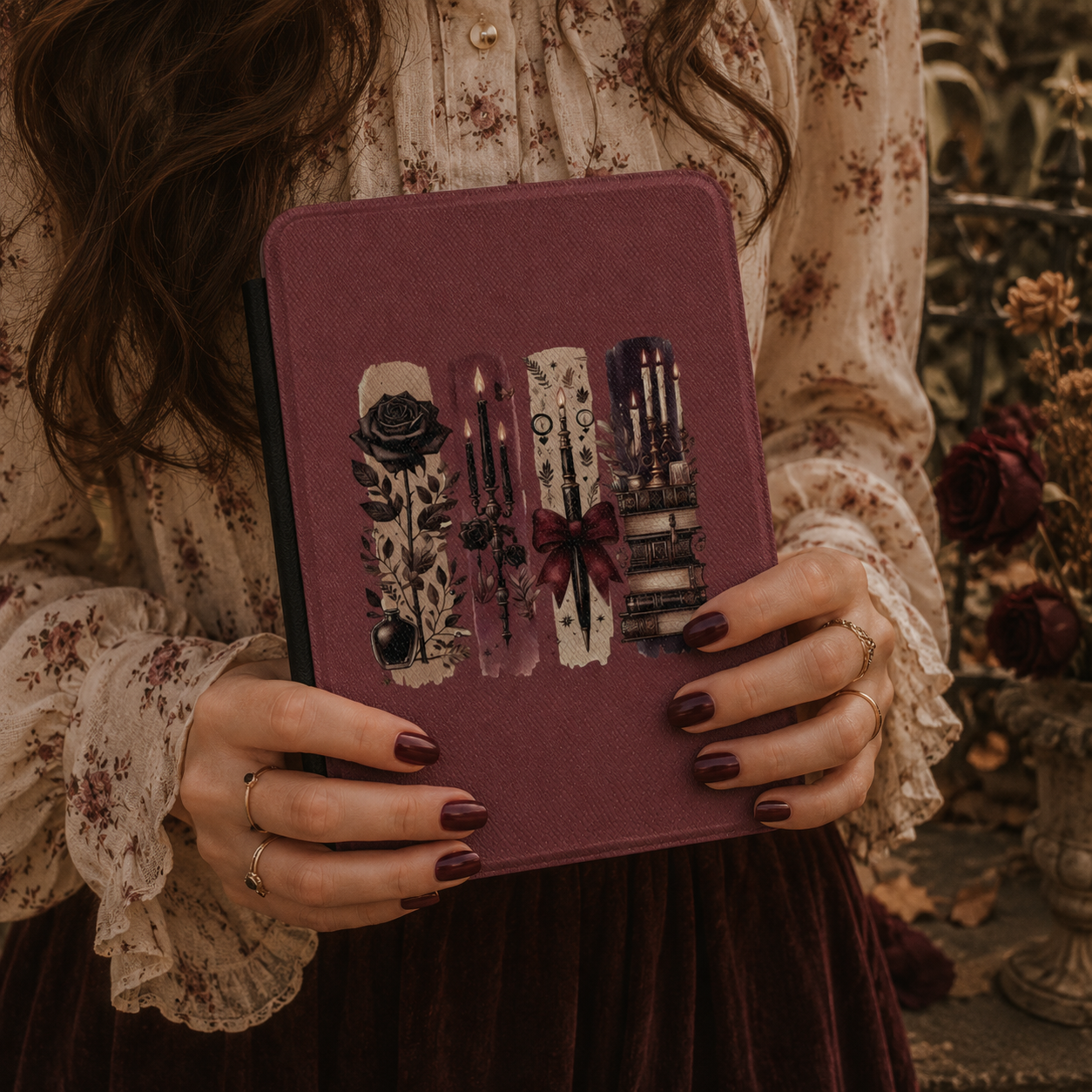 Close-up of Dark Academia Saffiano Kindle case