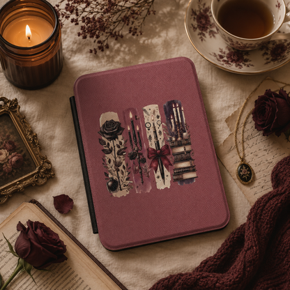 Dark Academia Kindle case open showing e-ink Kindle on right interior panel
