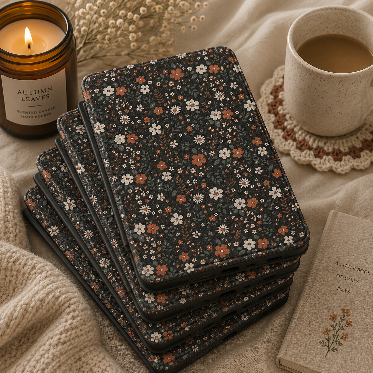 Dark Ditsy Floral Kindle case shown at an angle