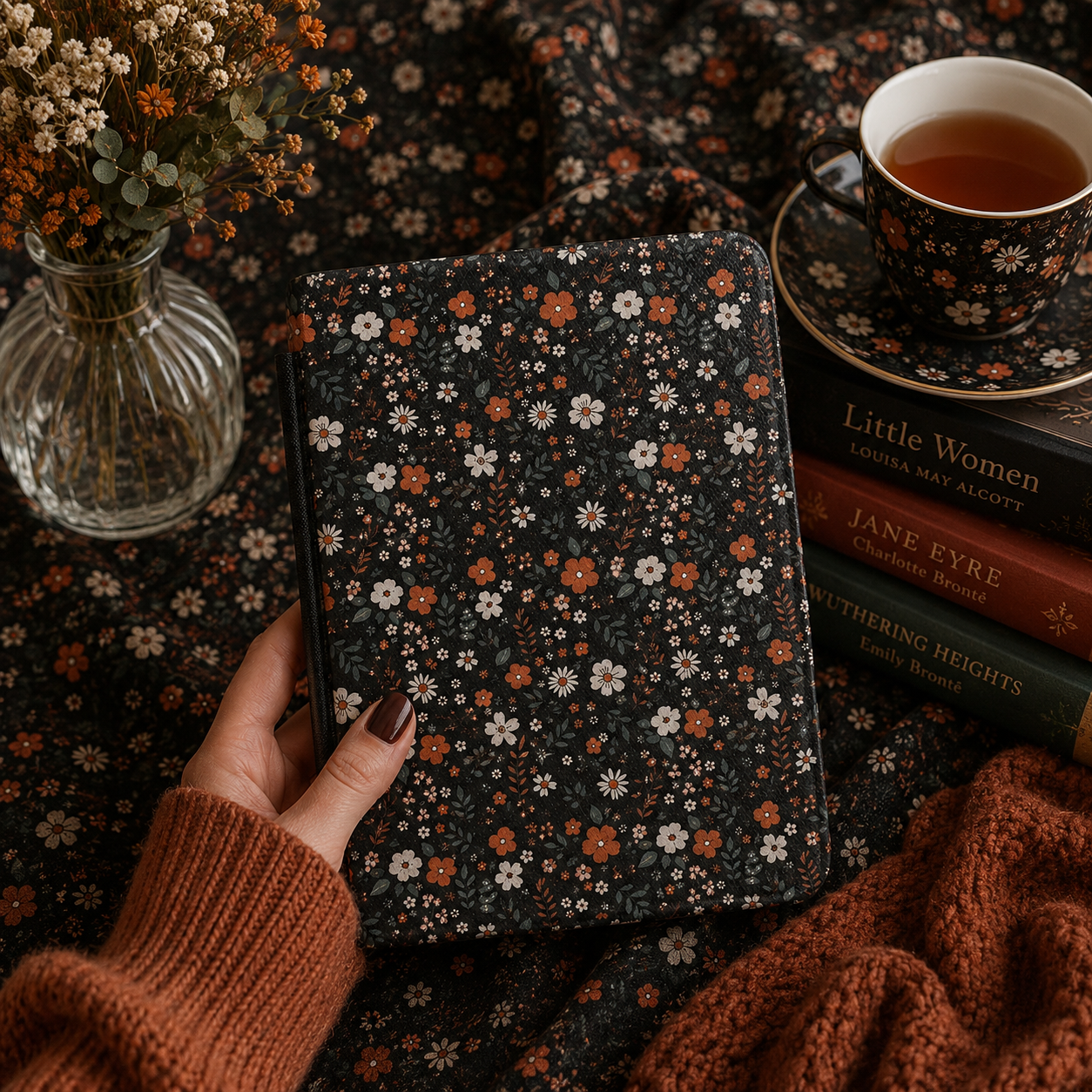 Close-up of Dark Ditsy Floral Saffiano Kindle case