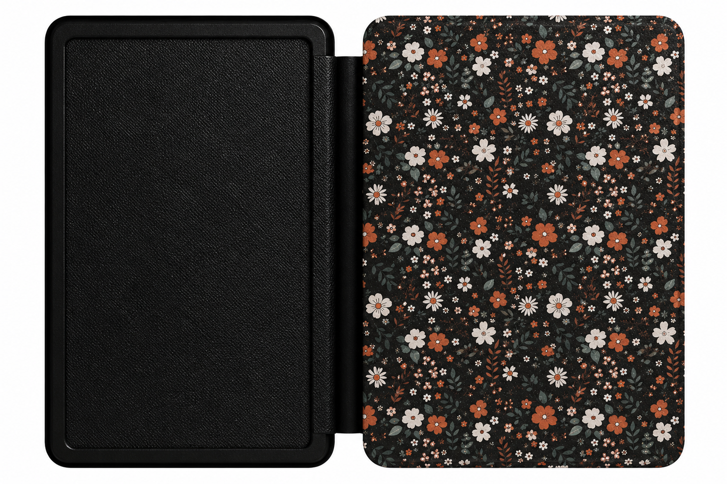 Dark Ditsy Floral Kindle case open showing e-ink Kindle on right interior panel