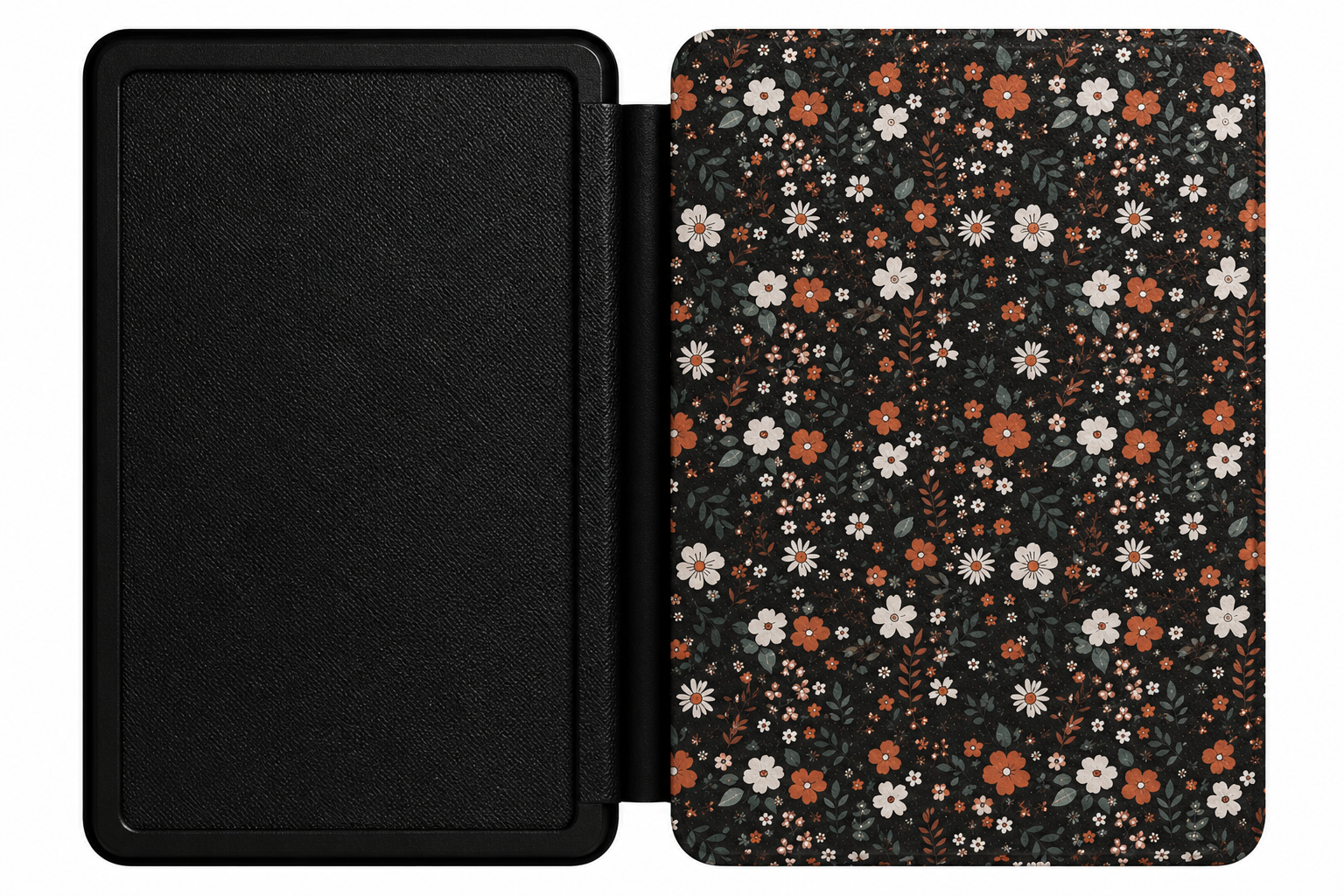 Dark Ditsy Floral Kindle case open showing e-ink Kindle on right interior panel