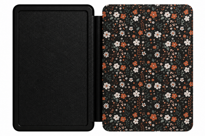 Dark Ditsy Floral Kindle case open showing e-ink Kindle on right interior panel