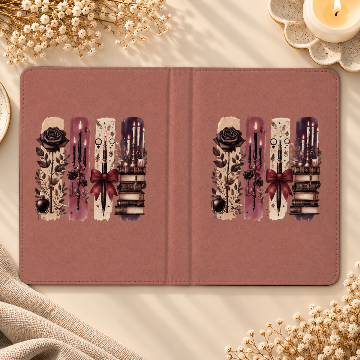 Dark Academia Kindle case opened flat, front and back cover in dusty rose