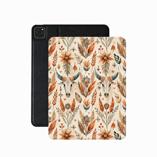 Desert longhorn iPad case in cream with rust botanicals and longhorn skulls
