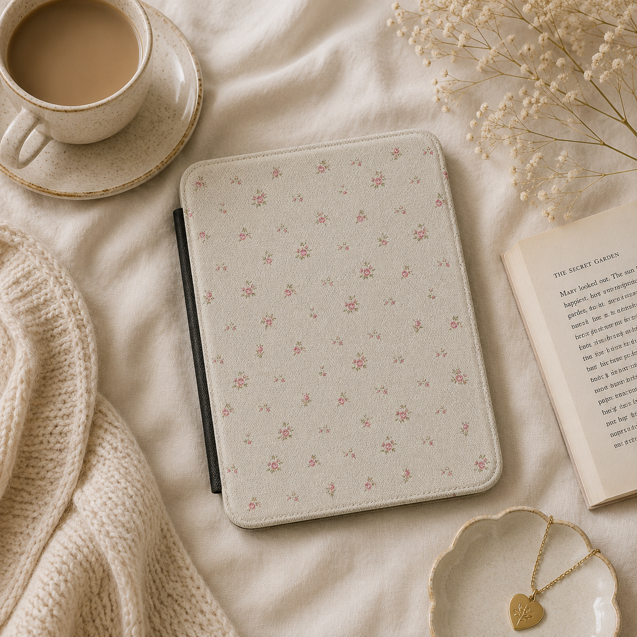 Close-up of Ditsy Rose Saffiano Kindle case