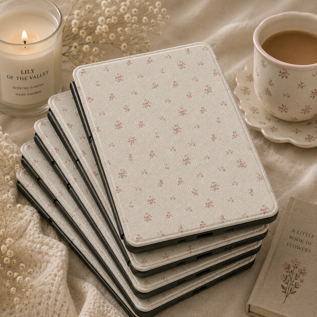 Ditsy Rose Kindle case open showing e-ink Kindle on right interior panel