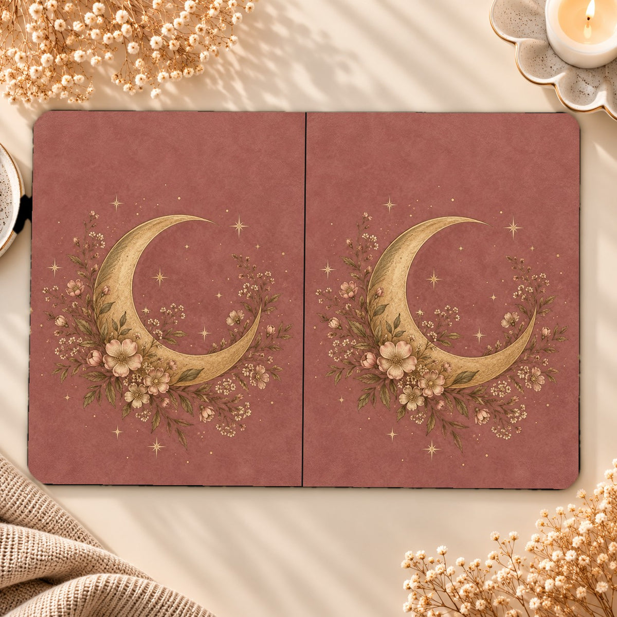 Dusty Rose Crescent Moon Kindle case opened flat, front and back — gold crescent moon and blush wildflowers on dusty rose