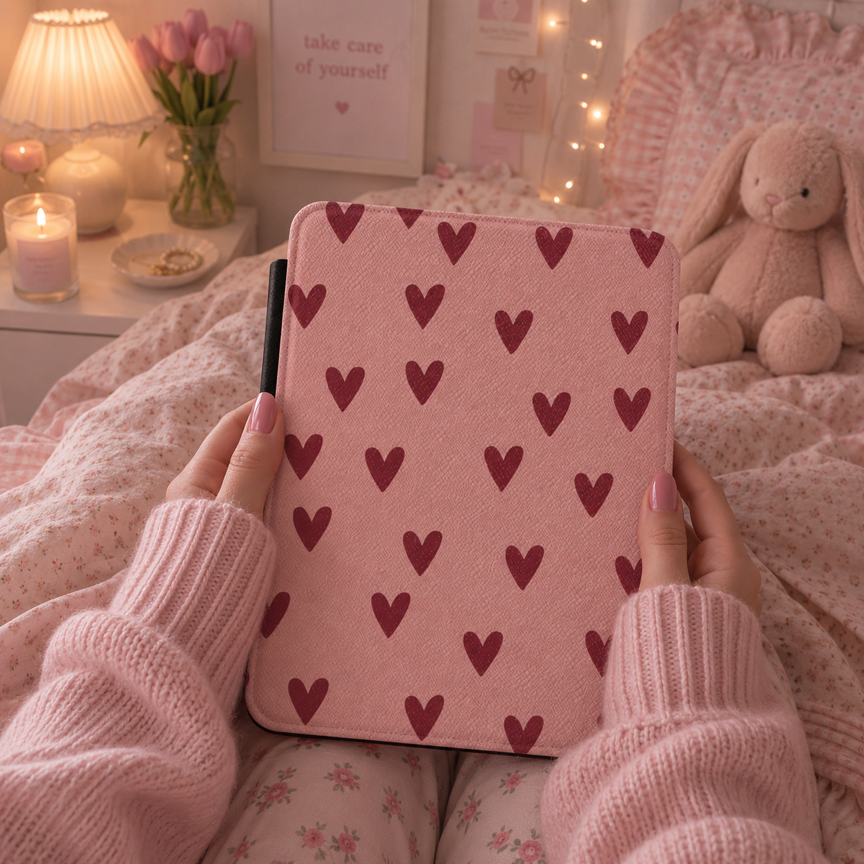 Hand-drawn hearts Kindle case front cover close-up — Coquette Reader dusty rose