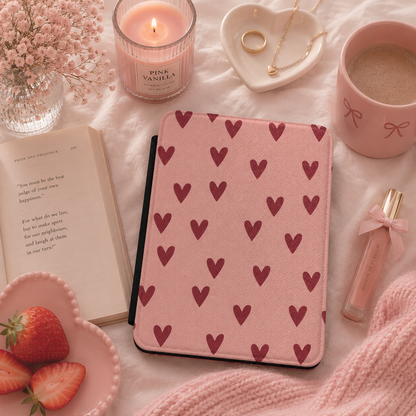 Dusty rose hearts Kindle case open showing black interior — Coquette Reader print