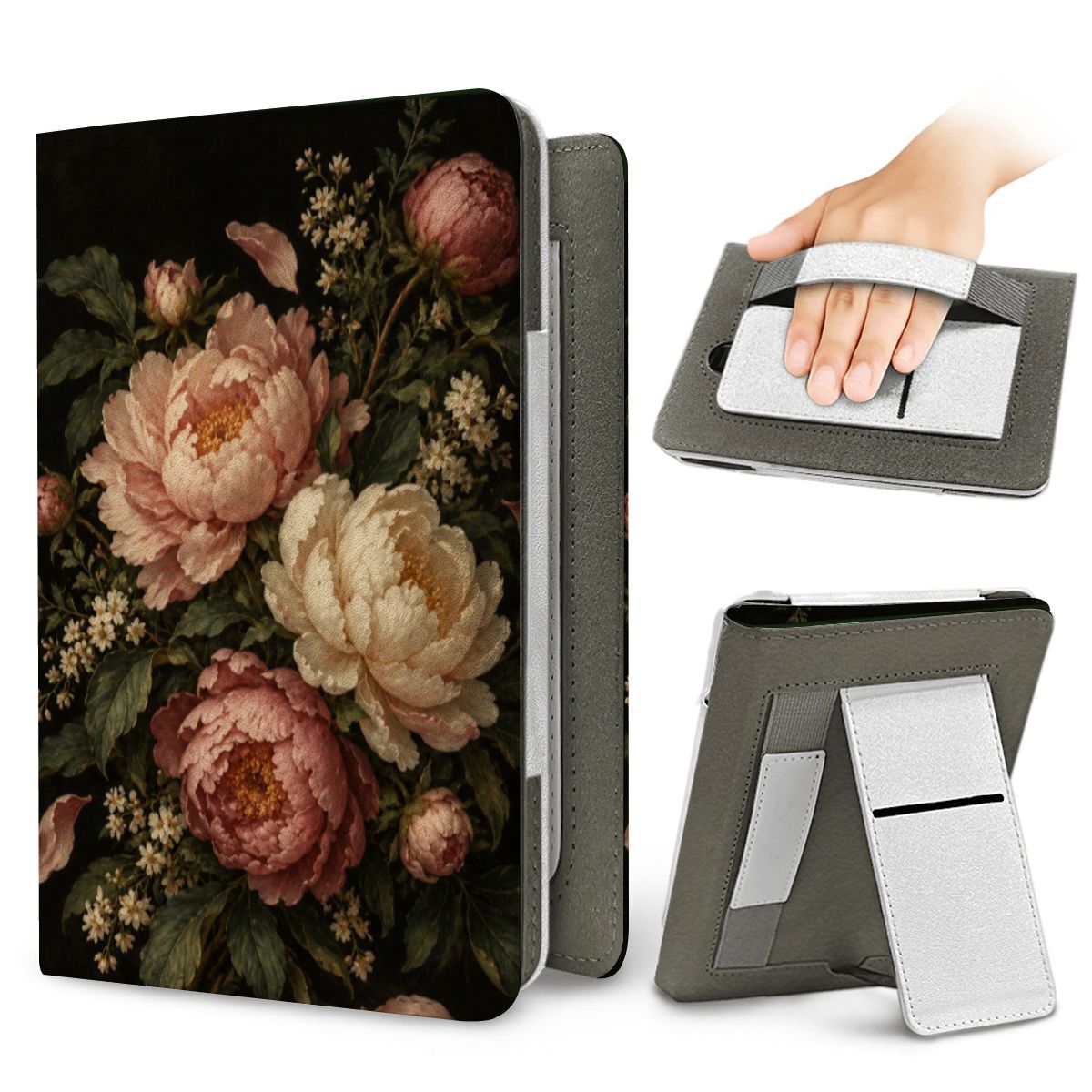 Blush Peony Nocturne Kindle case — elastic hand strap and fold-out stand on the back