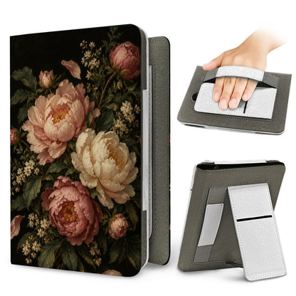 Blush Peony Nocturne Kindle case — elastic hand strap and fold-out stand on the back