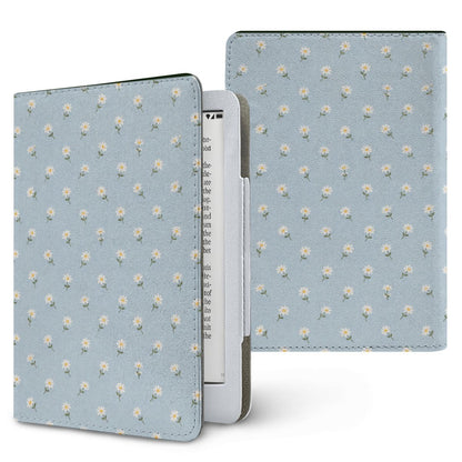 Ditsy Daisy Blue Kindle case — tiny white daisies on powder blue, printed front and back