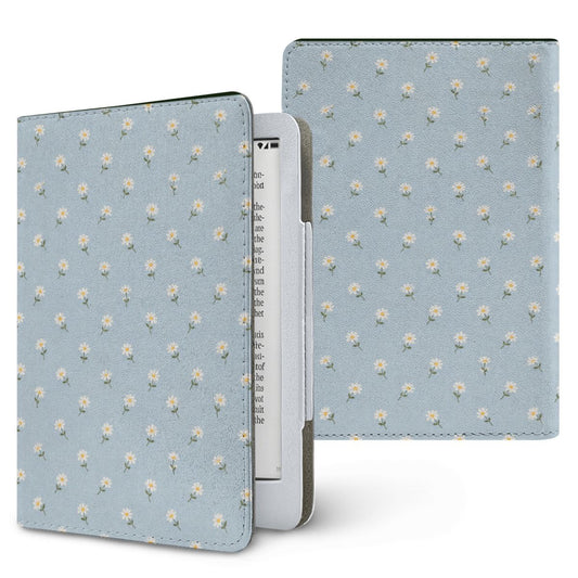 Ditsy Daisy Blue Kindle case — tiny white daisies on powder blue, printed front and back