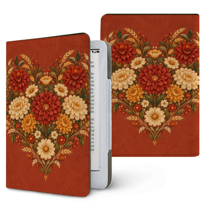 Grateful Hearts Kindle case — folk-art heart of dahlias, mums and wheat on terracotta, printed front and back