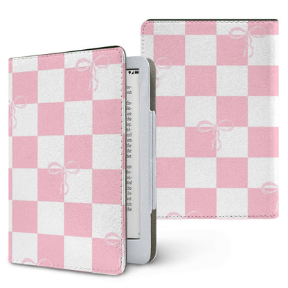 Pink Bow Check Kindle case — coquette check, printed front and back