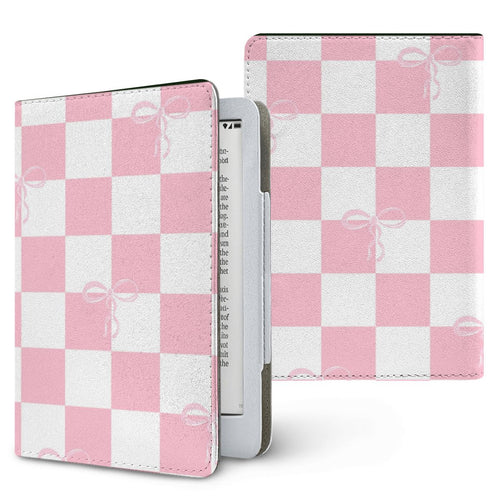 Pink Bow Check Kindle case — coquette check, printed front and back