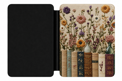 Embroidered Books Wildflowers Kindle case shown at an angle