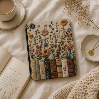 Close-up of Embroidered Books Wildflowers Saffiano Kindle case