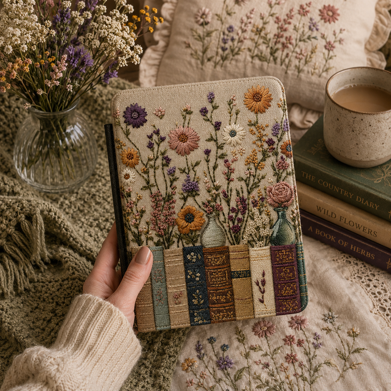 Embroidered Books Wildflowers Kindle case front cover — embroidered books and wildflowers print