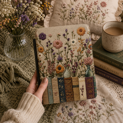 Embroidered Books Wildflowers Kindle case front cover — embroidered books and wildflowers print