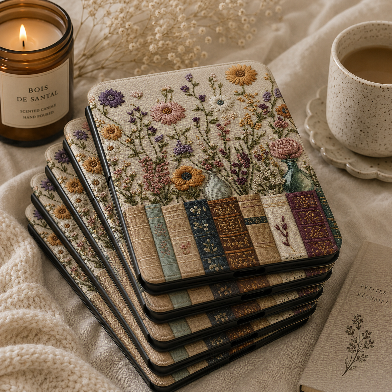 Embroidered Books Wildflowers Kindle case open showing e-ink Kindle on right interior panel