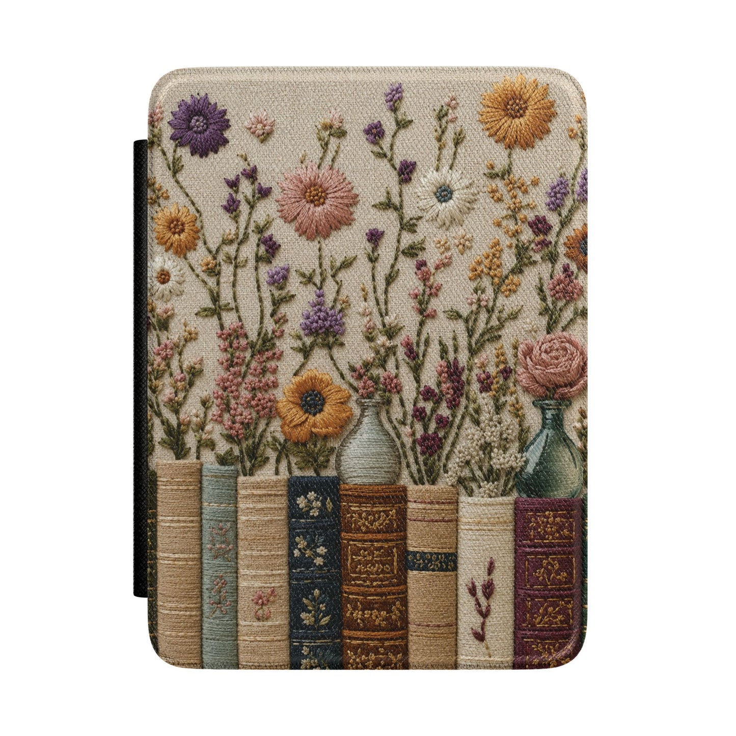 Embroidered Books Wildflowers Kindle case — embroidered books and wildflowers print