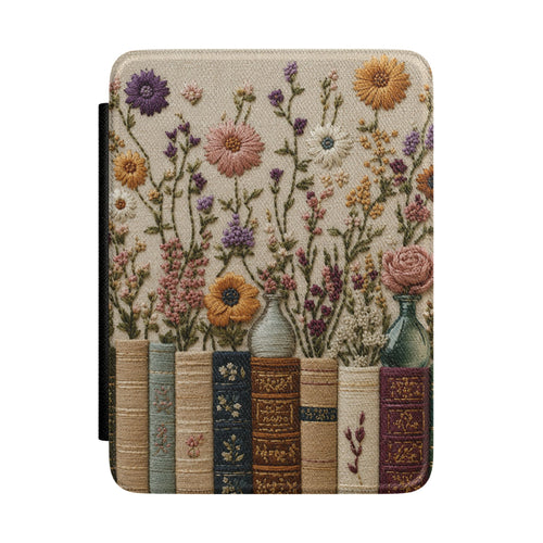 Embroidered Books Wildflowers Kindle case — embroidered books and wildflowers print