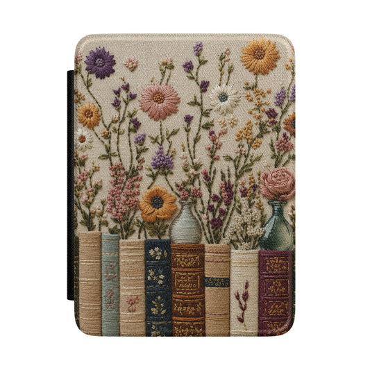 Embroidered Books Wildflowers Kindle case — embroidered books and wildflowers print