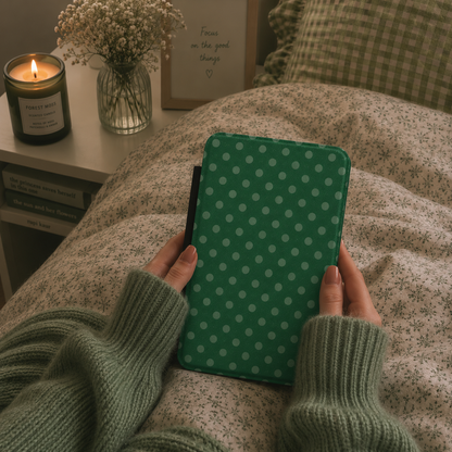 Emerald polka dot Kindle case front cover close-up — Quiet Bookish sage green print