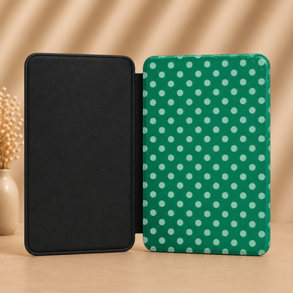 Emerald green polka dot Kindle case with elastic hand strap — Quiet Bookish forest print