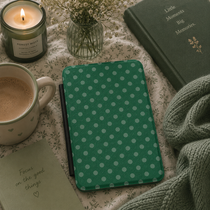 Emerald green sage polka dot Kindle case open showing black interior — Quiet Bookish