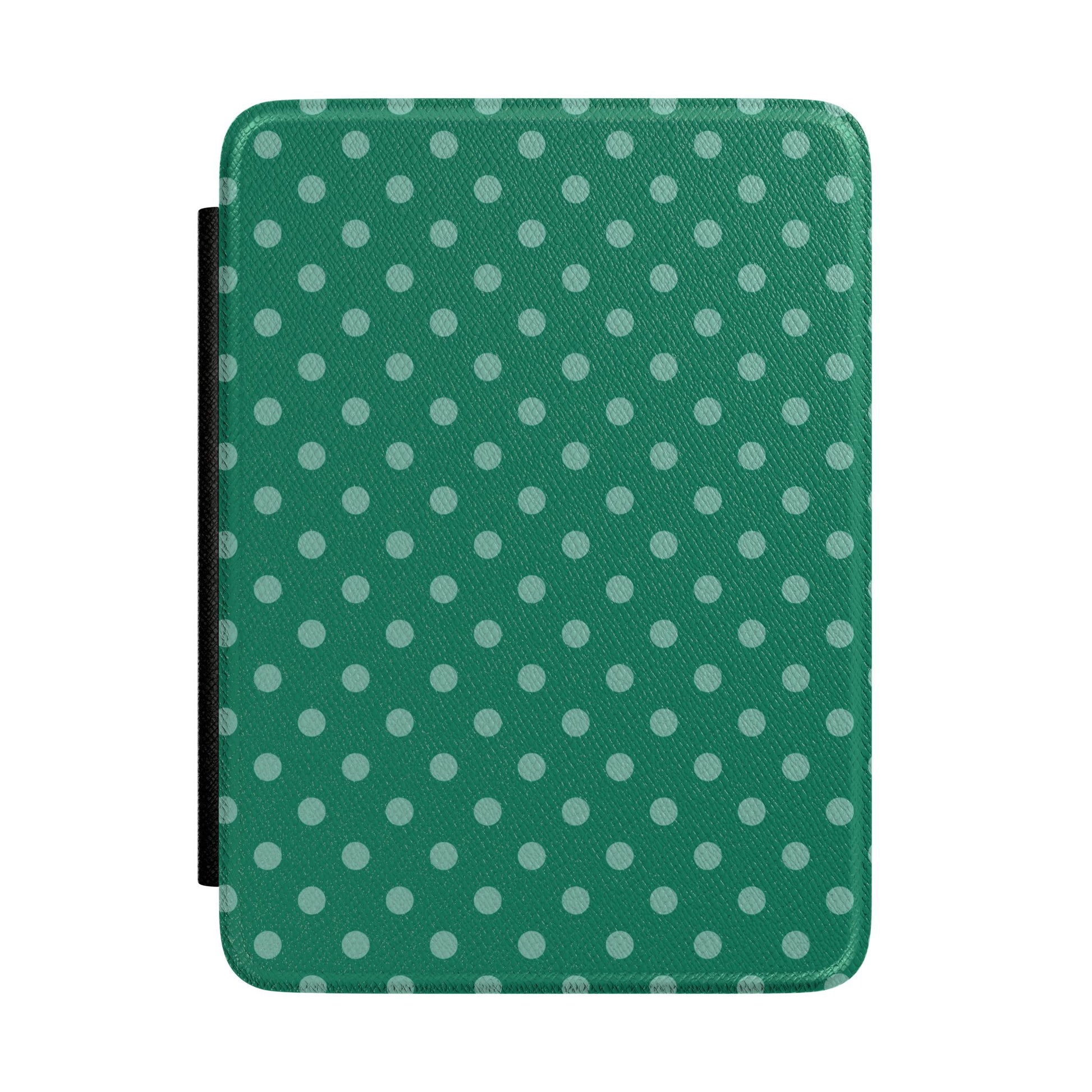 Deep emerald green Kindle Paperwhite case with sage polka dots front cover — Quiet Bookish forest gift