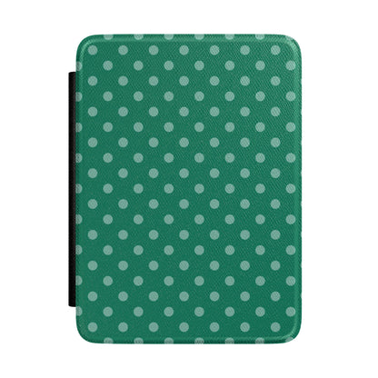 Deep emerald green Kindle Paperwhite case with sage polka dots front cover — Quiet Bookish forest gift