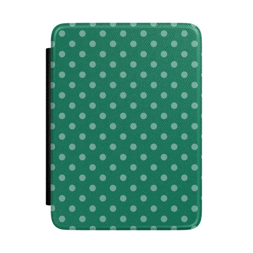 Deep emerald green Kindle Paperwhite case with sage polka dots front cover — Quiet Bookish forest gift