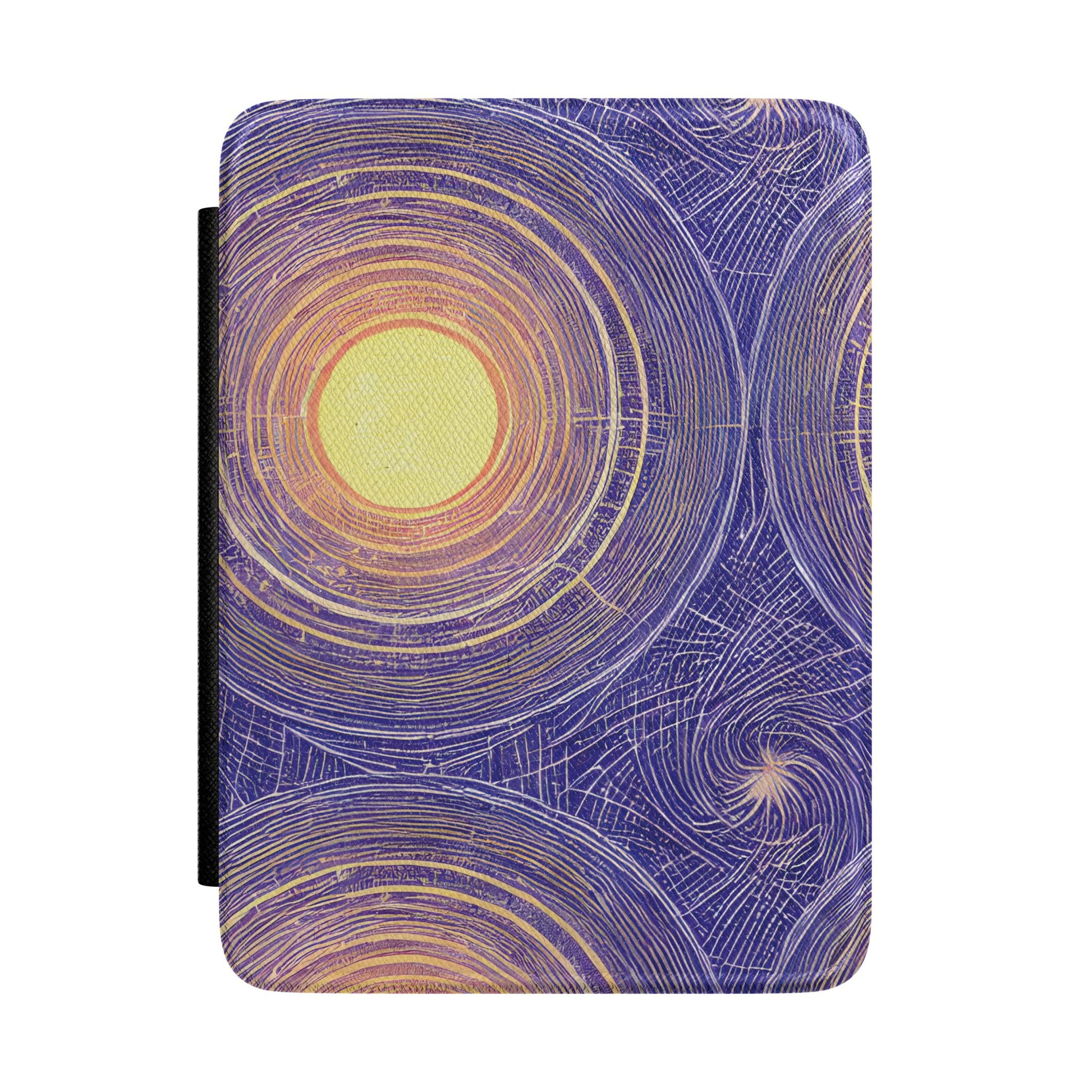 Indigo Kindle Paperwhite case with etched gold suns and radiating linework front cover — Atelier celestial gift